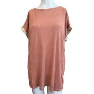 Doe & Rae Large Knit Short Sleeve Long Blouse Tunic Dusty Rose Creme Ribbed NWT